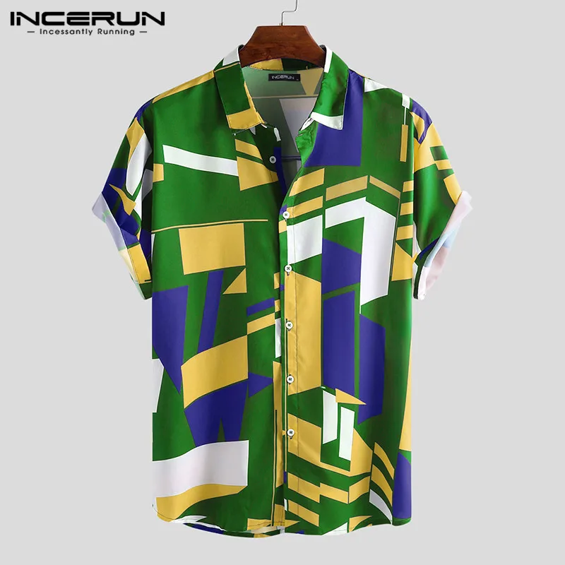 Streetwear Shirts Men\'s Camisa Chemise Geometric Cool Tropical Lapel Shirts INCERUN Button Chemise Masculina Man Clothing S-5XL