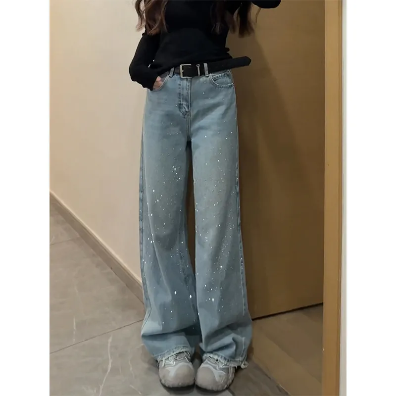 

Женские джинсы с высокой талией и широкими штанинами, весна 2026, новые, со стразами, прямые, в пол