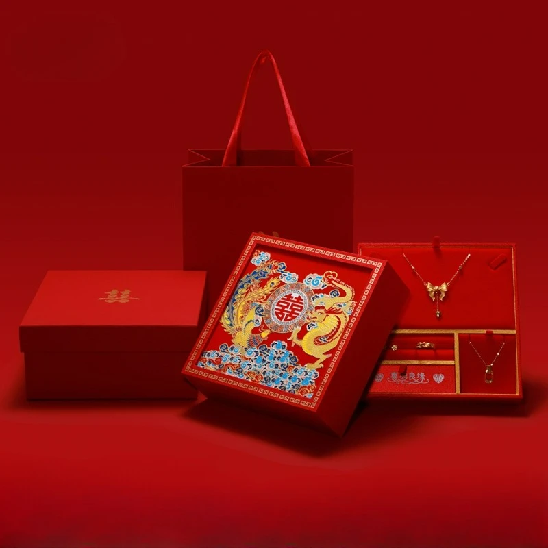 Three Gold Jewelry Box Red Dowry Engagement Hardware Box Betrothal Gold Gold Jewelry Box