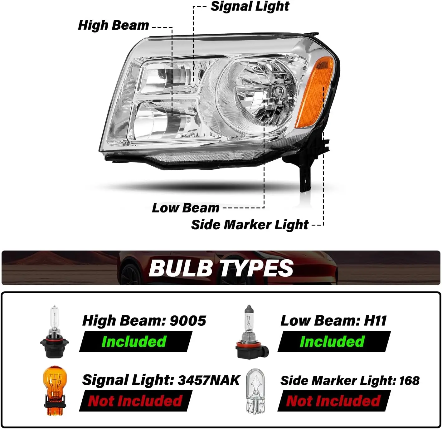 Pair of OE-Style Halogen Headlight Assemblies with Bulbs Included, OEM Replacement for 2012-2015 Pilot SUV, Left and Right Sides