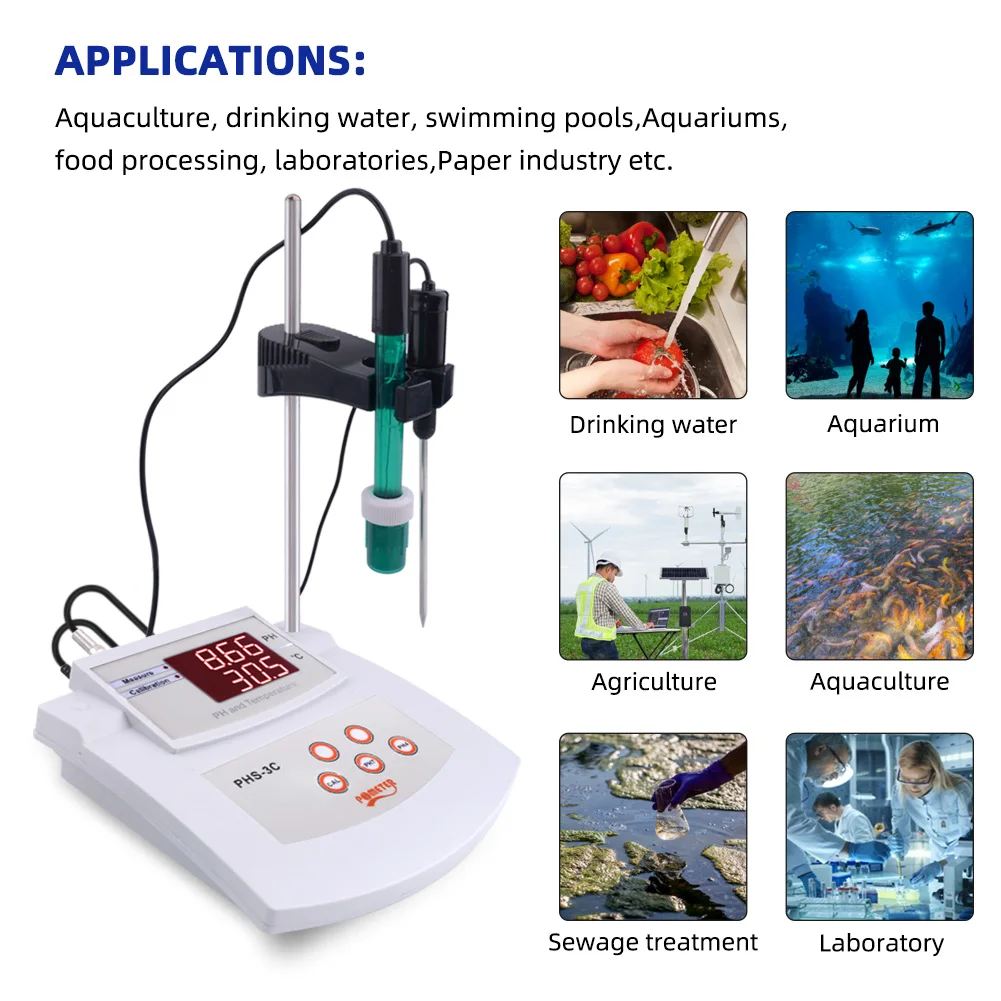 PHS-3C Digital PH Meter 0.01 Accuracy Auto Calibration Desktop Temp/pH Tester with ATC Water Quality Analyzer for Lab Aquariums