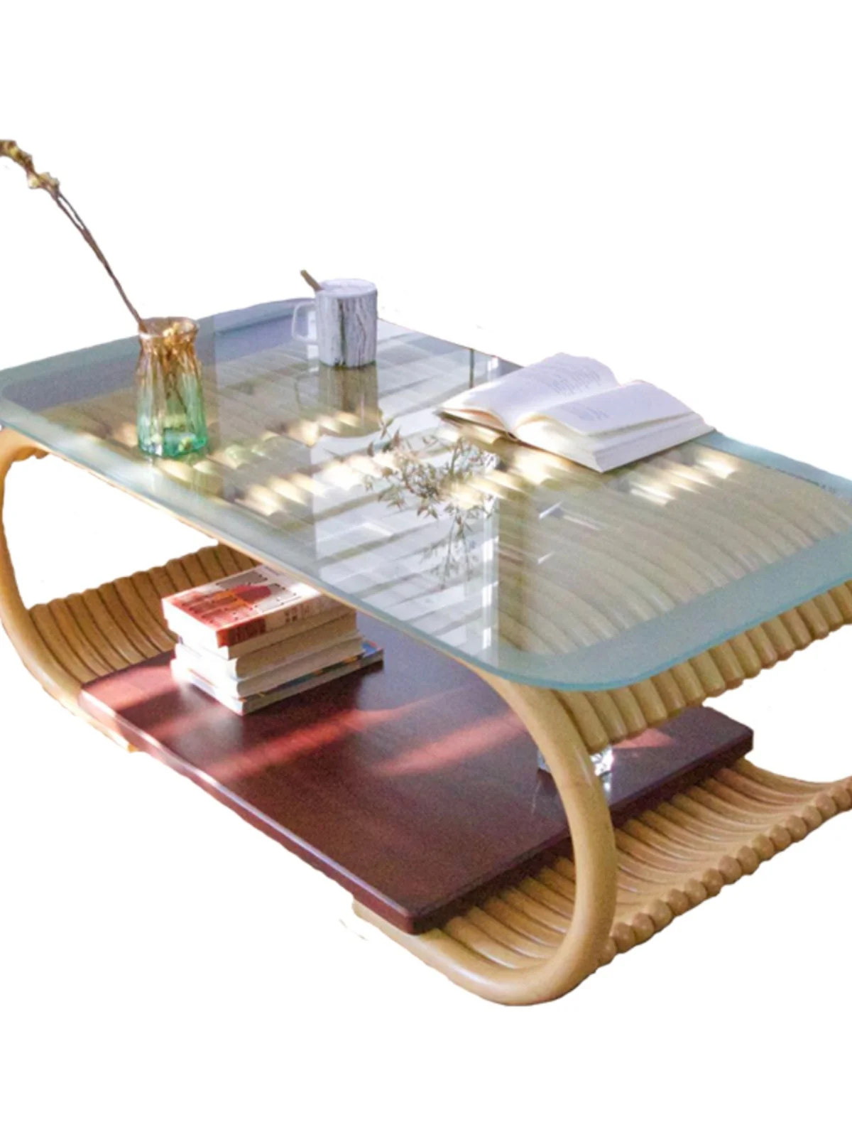 

Дизайнерский журнальный столик Triton для гостиной из индонезийского агата, ротанга, тикового стекла для пасторальной природы дома, проживания и проживания в семье.