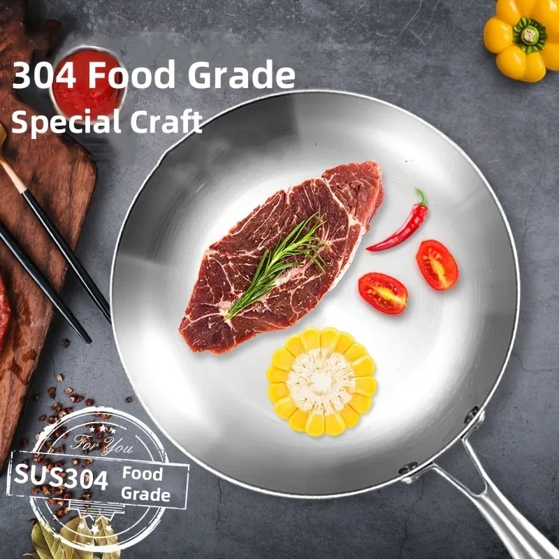 

304 Stainless Steel Frying Pan Wok Non-Stick Pan Home Pot Uncoated Kitchen Cookware for Gas Stove and Induction Cooker