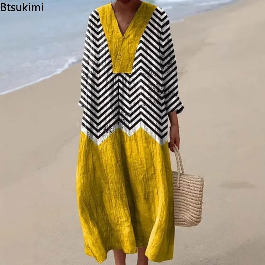 New Arrival Summer Women Clothing V-Neck Color Blocking Casual Dress Women Long Sleeve Loose Print Dress Vacation Beach Vestidos
