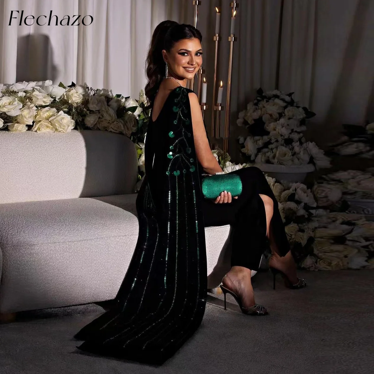 

Flechazo Fashion New Black Evening Dresses Green Sequin Beading Elegant Party Dress For Women 2024 فساتين السهرة Saudi Arabia