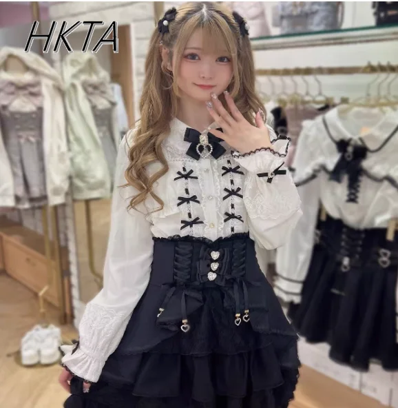 Camicia Liz in stile giapponese Donna Ragazza Lolita Camicetta 2025 Estate Nuovo amore Ciondolo Fiocco in pizzo Miniera Camicie a maniche lunghe Top bianco Mujer