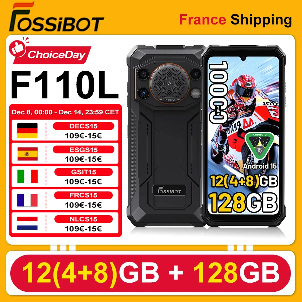 Smartphone robuste Fossibot F110L 12Go(4+8)+128Go 10000mAh 50MP+8MP+5MP 60Hz NFC/GPS Android15 6,745'' HD+IPS Double SIM
