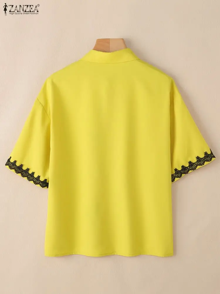ZANZEA レディース レース パッチワーク 半袖シャツ 夏 2025 カジュアル ターンダウンカラー 刺繍入り 漫画ボタンアップ デイリートップス 3XL