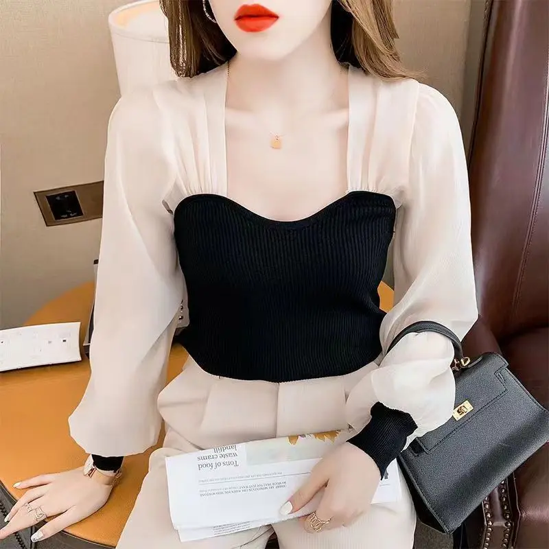 Elegant Top Women Square Neck Shirt&Blouses Long sleeve Dot Floral Lantern Sleeve Chiffon Patchwork Mesh Gauze Retro Office Lady