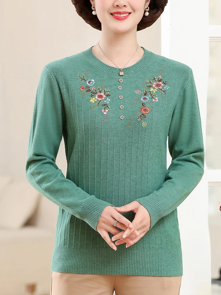 Embroidery Floral Sweater Women Spring Autumn Long Sleeve Pullover Femme Women Clothing Causal Soft Mother's Sweaters