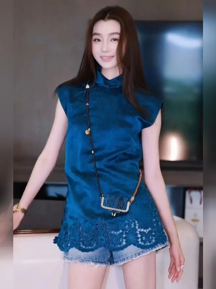 

Ele Blue ort Sve irt Новый китайский топ для женщин, летний уникальный модный роскошный женский топ свободного покроя