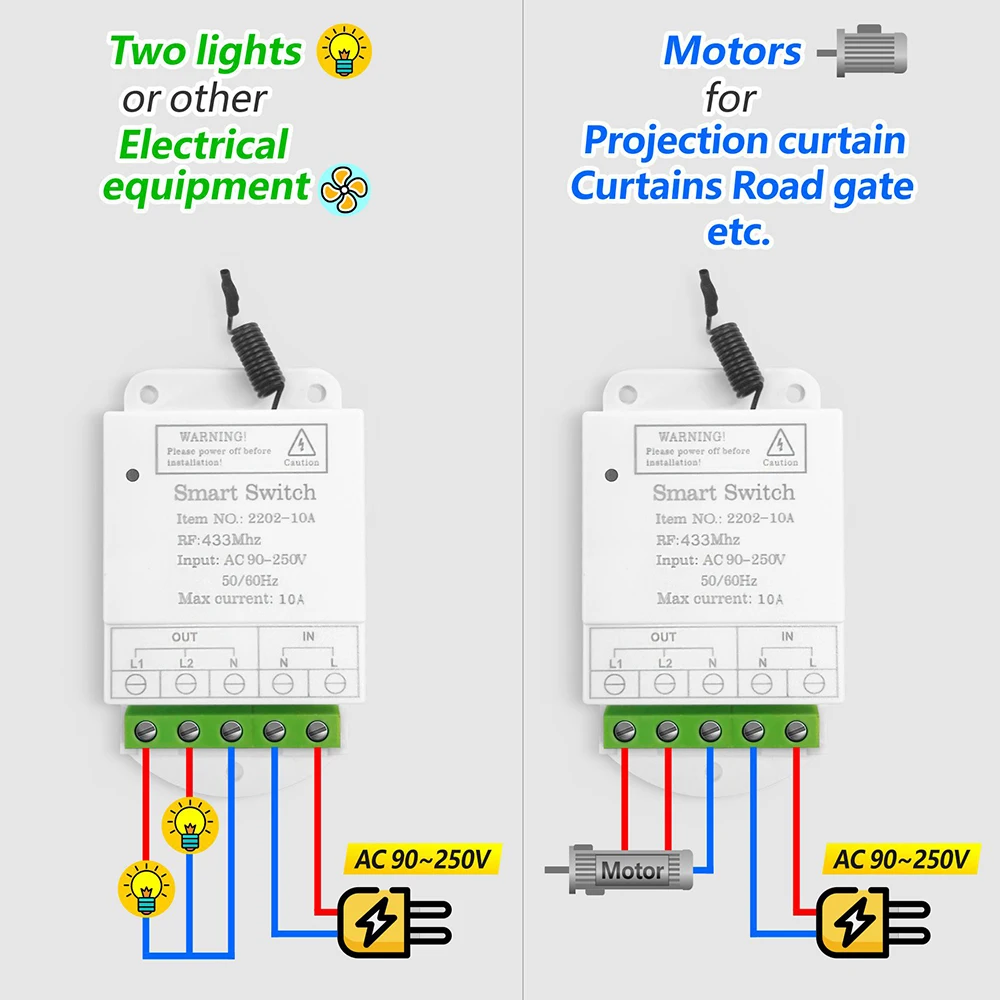 433mhz Wireless Remote Control Switch AC 85V~250V 2CH Relay Receiver and 5CH Controller for Garage Door/Crane/Motor/lamp/Curtain