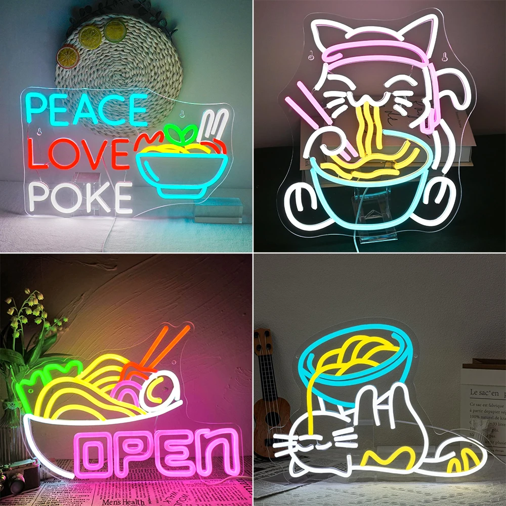 

Ramen Cat Neon Signs Noodle Shop Wall Decoration Business Store Led Lights Up Sign For Restaurant Food Shop Lamp Dimmable USB