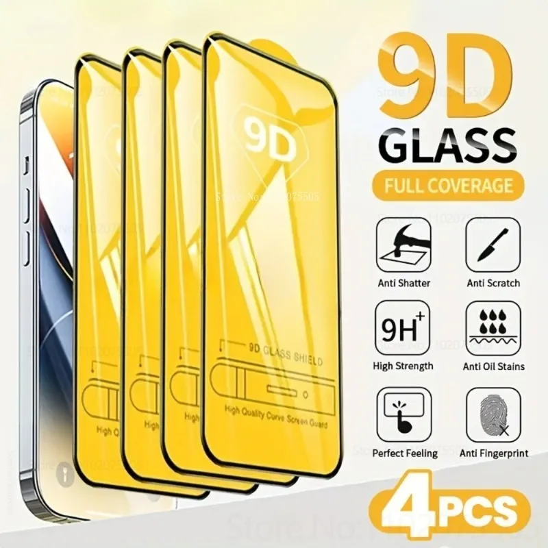 4pcs 9D Tempered Glass for IPhone 11/12/13/14/15 Promax 16 Plus High-Definition Screen Protector 17 Promax 17Air 13 Pro 7 8 X XR — product photo 1 of 1