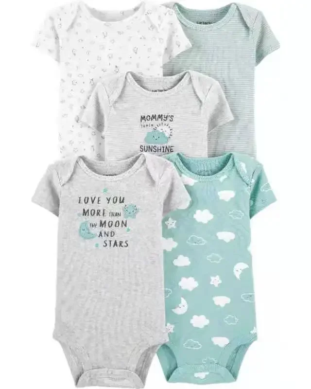 

Summer Baby Romper 5pcs Set, Newborn Short Sleeve Onesies, Unisex Infant Bodysuit, Cotton Sling, 0-1Y