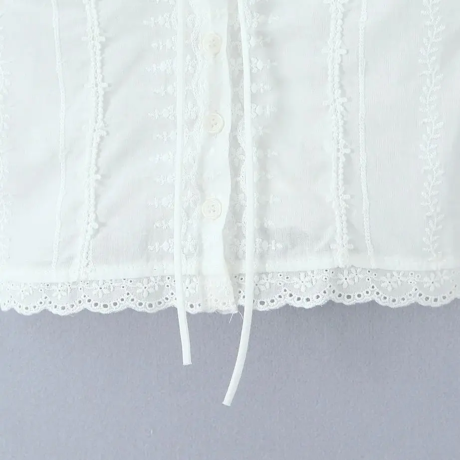 2025 White Embroidery Hollow Out Hole Splice Lace V neck Short Puff Sleeve Shirt Women Center Button Elastic Back Slim Crop Tops
