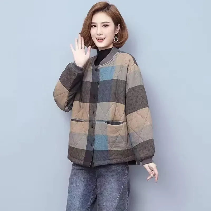 2024 Autumn Winter Clothes New Mother's Short Cotton-Padded Jacket Female Rhombic Plaid Jacket Coat Loose Retro Thick Outwear