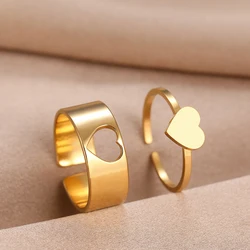 Stainless Steel Rings Trendy Romantic Heart Fashion Adjustable Couple Ring For Women Jewelry Wedding Friendship Gifts 2Pcs/set