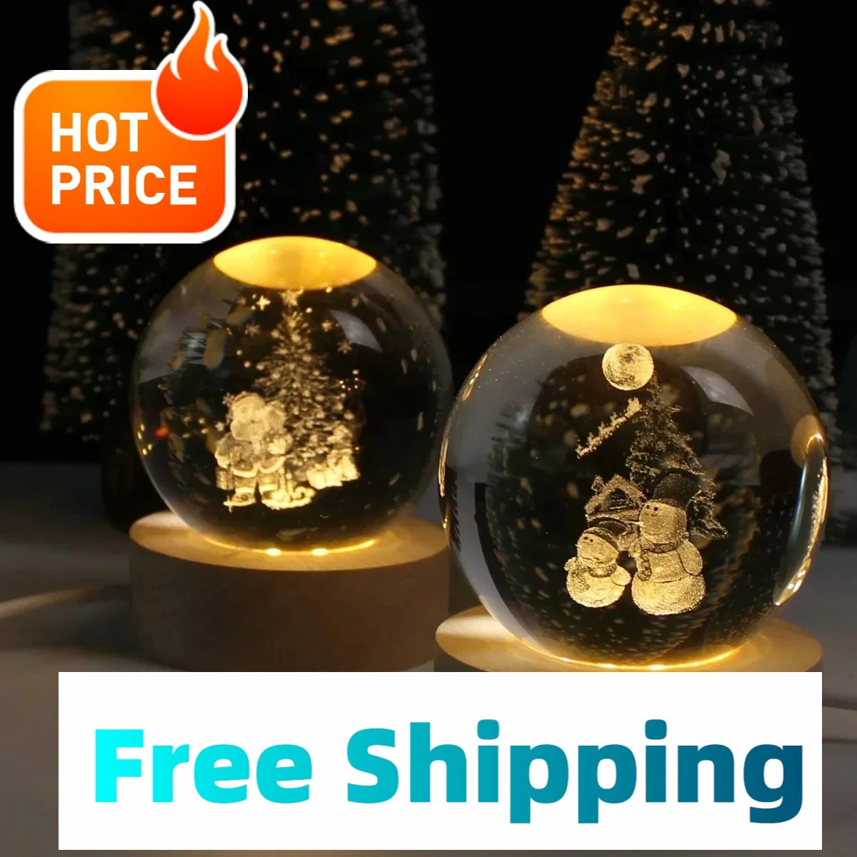 【تخفيضات العلامة التجارية لدعم المخفضة】ضوء ليلي ساخن USB طاقة ثلاثية الأبعاد كريستال كرة LED أضواء ليلية مصباح غرفة النوم هدايا عيد الميلاد