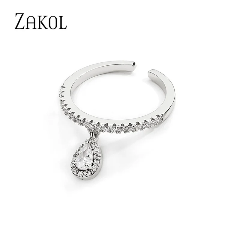 ZAKOL Fashion Water Drop Cubic Zirconia Engagement Rings for Women Adjustable Ring Accessories R2330