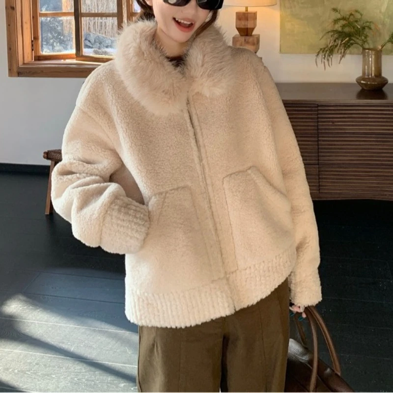 

Wool Collar, Lamb Wool Long Sleeved Jacket, Women's Winter New Style, Fur Integrated Design, Warm and Loose Top