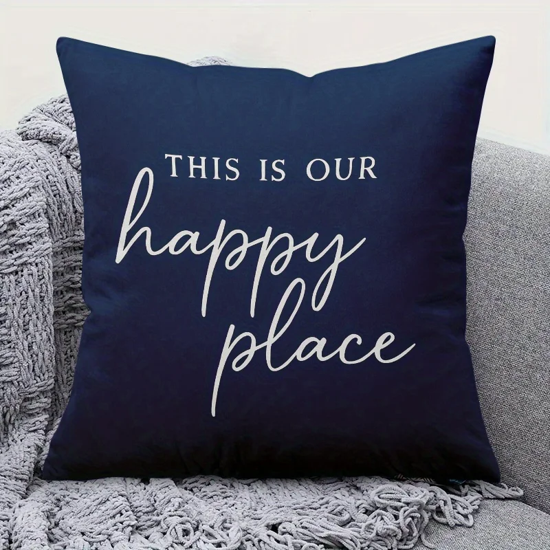 1pc This is Our Happy Place Pillow Cover, Polyester 2D Double-Sided Print, Inspirational Quote Design, Cozy Family Home & Car De