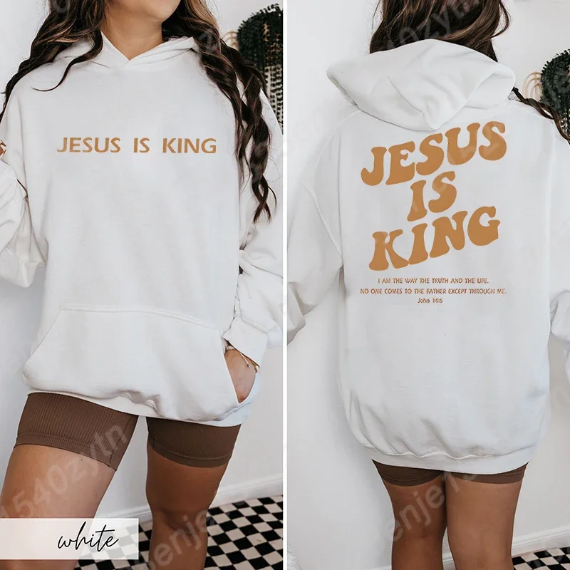 Jesus Is King Hoodies Christian Faith Religious God Hooded Sweatshirt Tops Women Pullover Sweatshirt Long sleeves