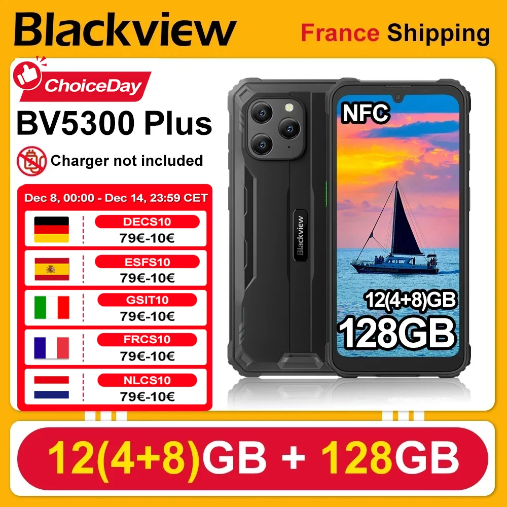 Smartphone Blackview BV5300 Plus [pas de chargeur UE] 12 Go(4 + 8) 128 Go Écran 6,1" 6580 mAh 4G LTE NFC Téléphone portable
