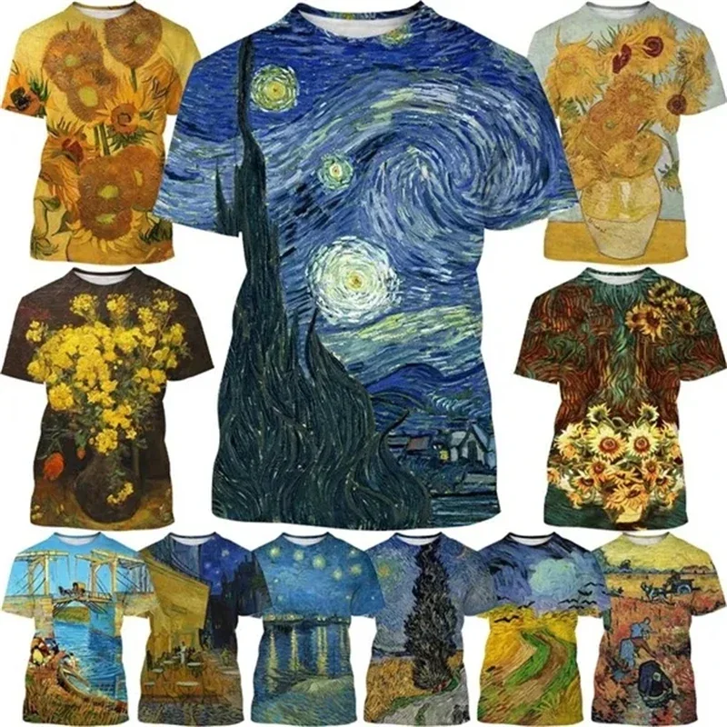 Van Gogh Art T Shirt For Men 3D Printed Graphics Starry Sky T-shirt Men's Harajuku Fashion Tees Casual Short-sleeved T-shirt Top