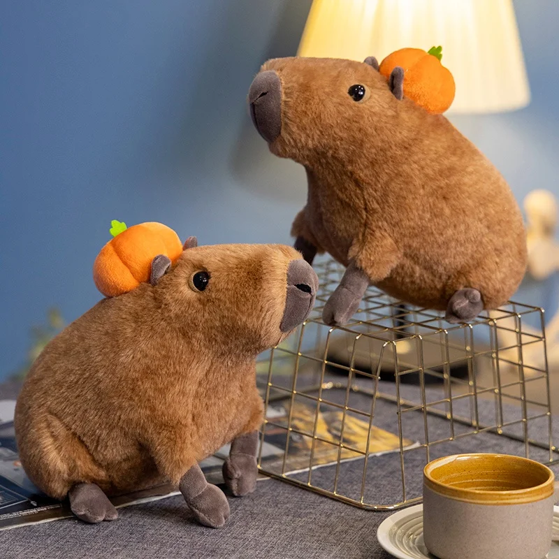 Cute Simulation Capybara Plush Toy Stuffed Lifelike Capibara Plushie with Orange on Head Birthday Gift Home Office Desk Decor