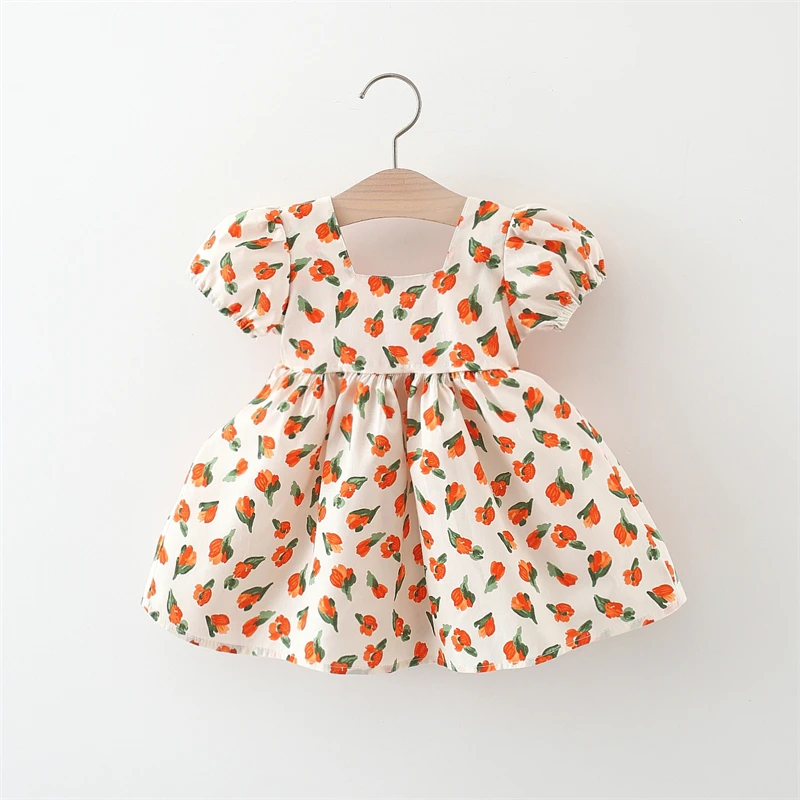 (0-3 Years Old) Baby Girl Cotton Flower Printed Short Sleeved Dress Cute Girl Bow Princess Dress