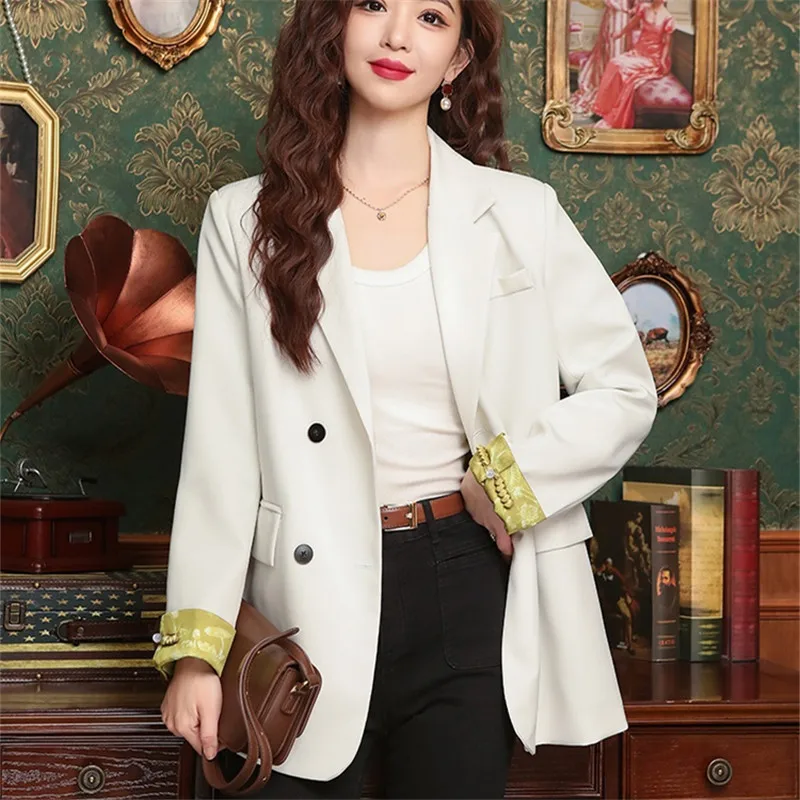 

Fashion Blazer Coat Women 2024 Spring And Autumn New Casual Solid Color Double-Breasted Suit Jacket Ladies Loose Outerwear W374