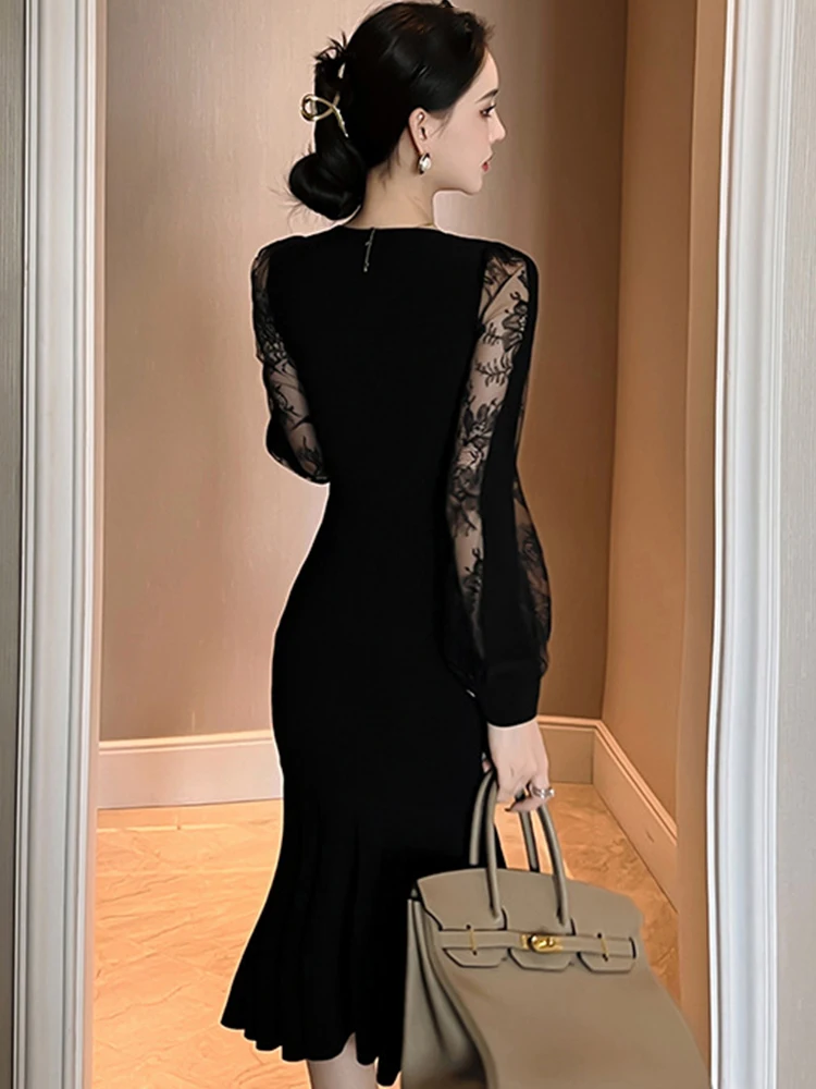 Spring Autumn Women Evening Dress Chic Black Lace Sheer Sexy V-Neck Bodycon Midi Fishtail Party Prom Robe Femme Mujer Vestidos