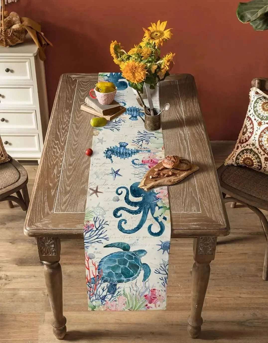 Summer Sea Turtle Coral Beach Linen Table Runners Dresser Scarf Table Decor Reusable Kitchen Table Runners Party Decorations