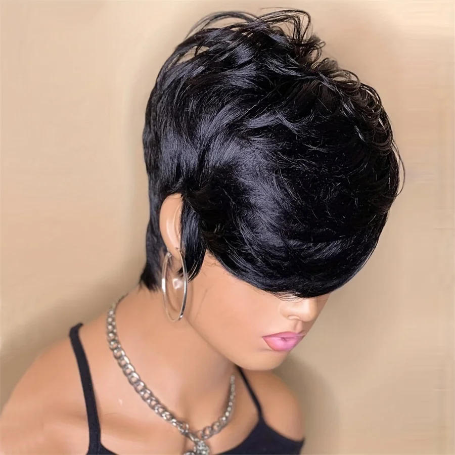 Pixie Cut Echthaar Maschine gemacht Remy Perücke 6 Zoll natürliche schwarze Farbe 150% Dichte tägliche Party verwenden Perücke kurze gerade Pixie Perücke