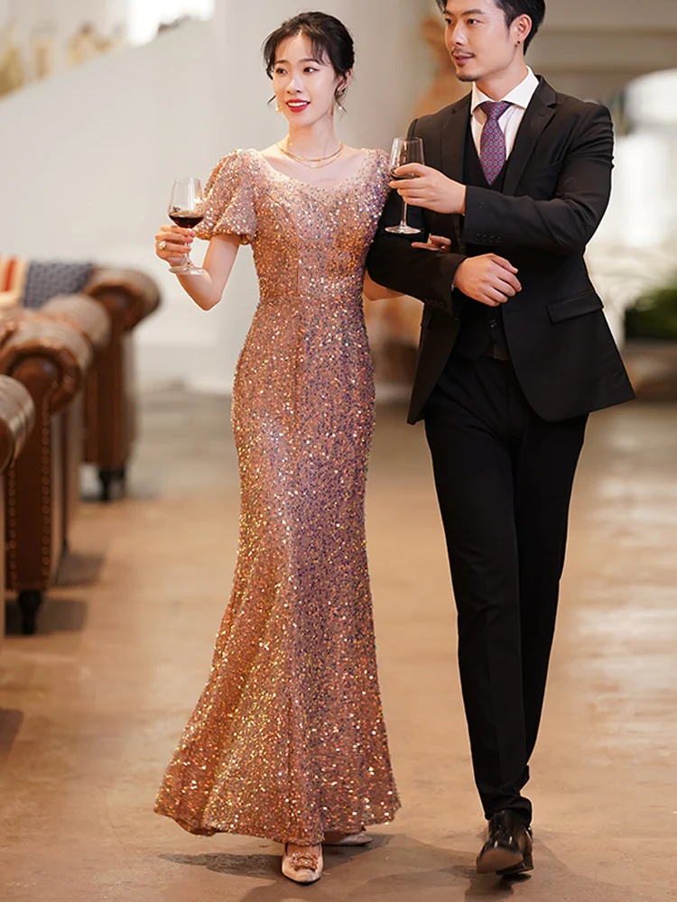 

Champagne Evening Gown Tailored Elegant Lady Host Annual Meeting Dress Women Luxury Subtle High End Bubble Sleeve Zipper Back