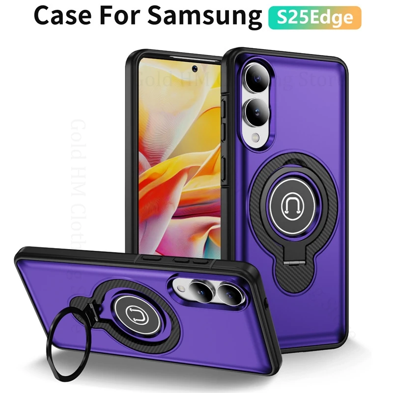

Carbon Fiber Alloy Ring Stand Shockproof Case For Samsung S25 Edge Magnetic Armor Tough Cover For Galaxy S25 Ultra S23 S24 Plus