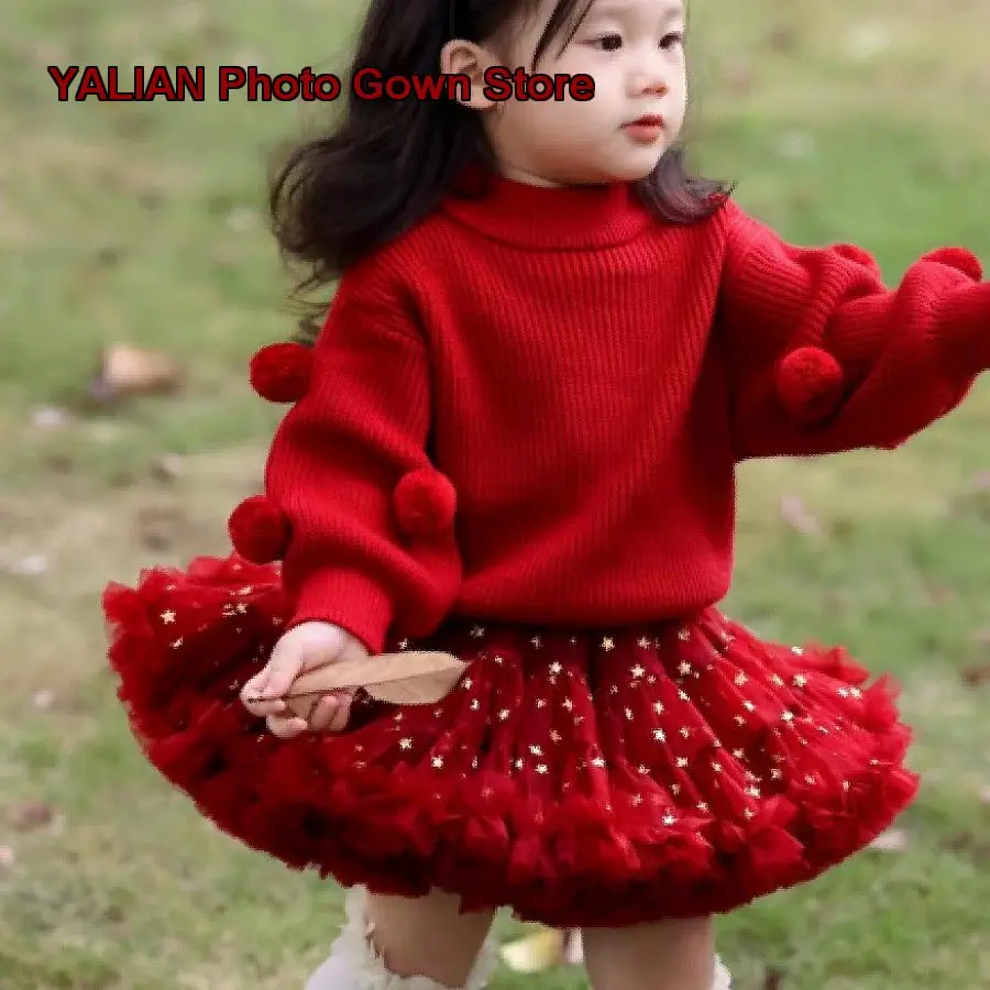 Girls Dress Set Christmas Wine Red Tutu Skirt Princess Style Ball Pom-Pom Pullover New Year Outfit