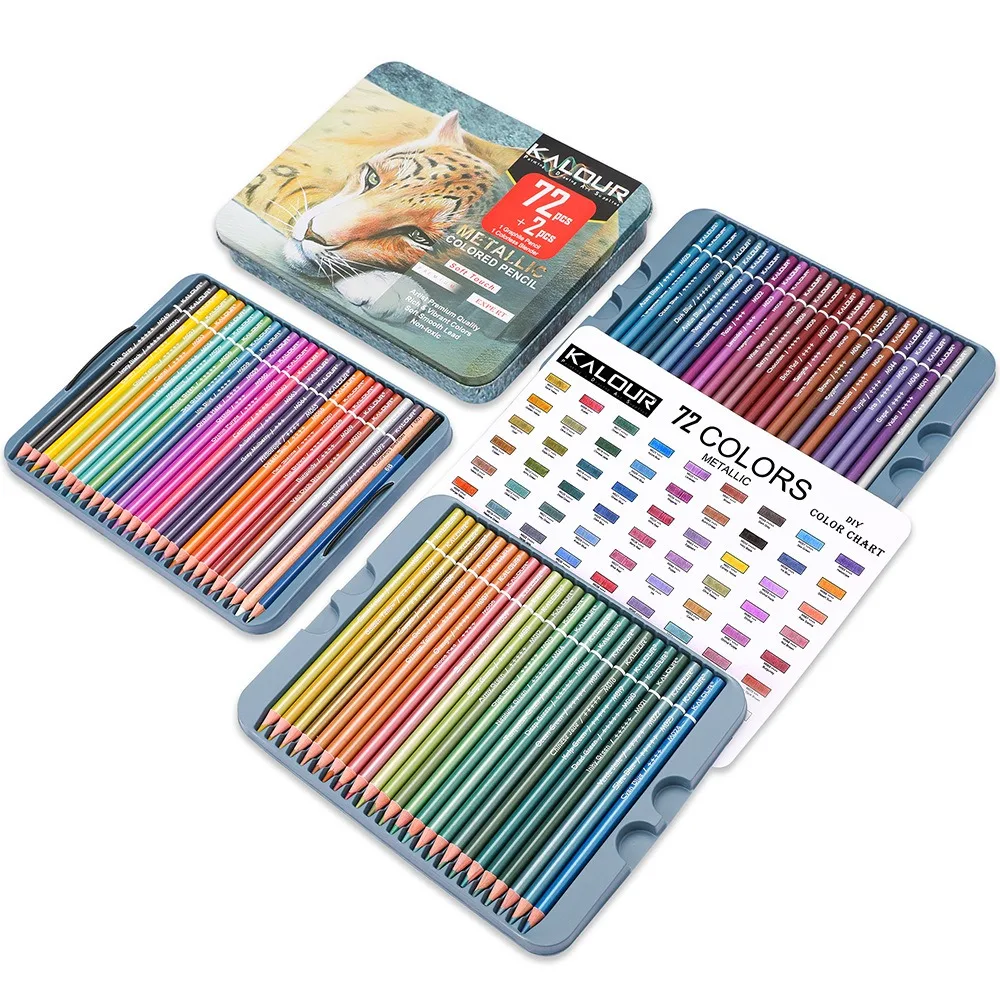 Imagem -06 - Kalour Metálico Pastel Giz Lápis Colorido Grupo Núcleo de Cera Protegido na Apresentação Caixa de Lata Arte Profissional 50 Pcs 72 Pcs