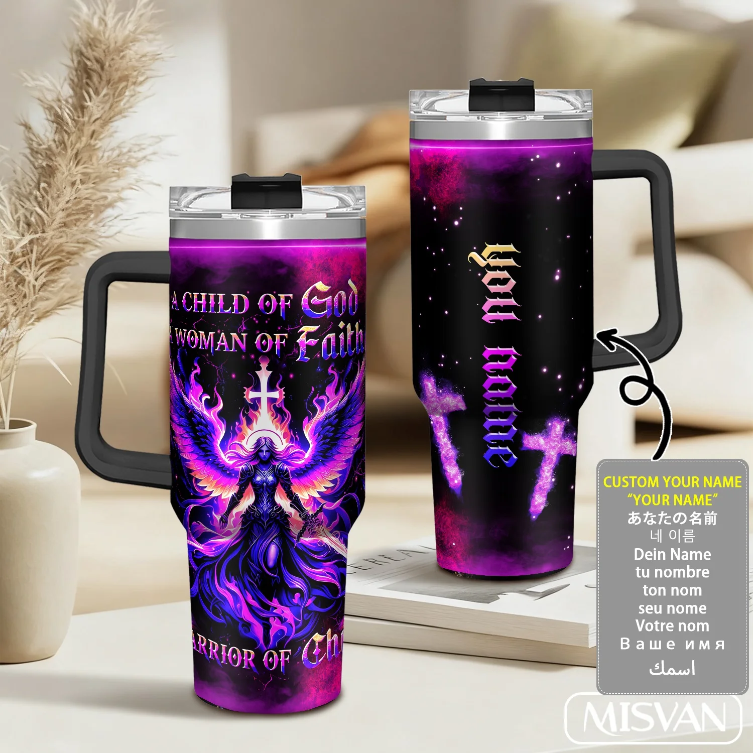 

1PC,40oz Custom Name,Angel Flame Cross Faith.Insulated Stainless Steel Cup.Large Capacity,Portable for Car,Personalized Gift.