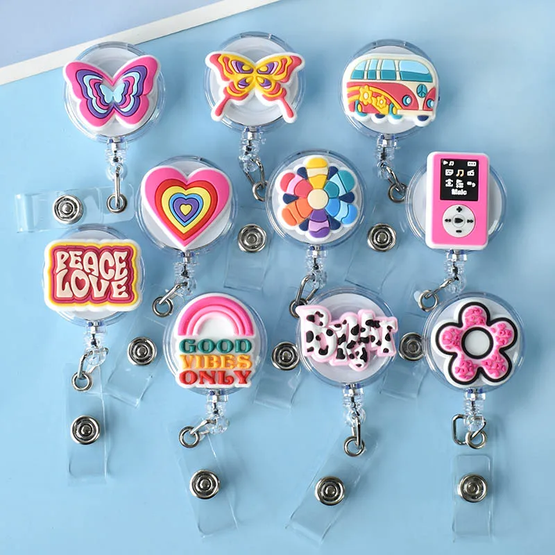 1 Piece Colorful Flower Y2K Retractable Nurse Badge Reel Cute Love Heart Students Name Tag ID Card Holder Keychains Lanyard