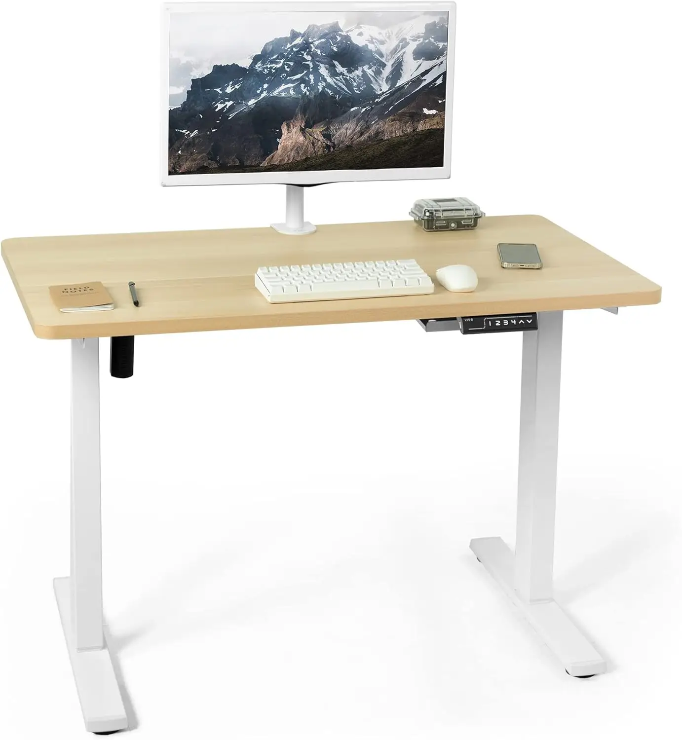 

Electric 43 x 24 inch standing desk workstation, memory controller height adjustment, integrated light wood top