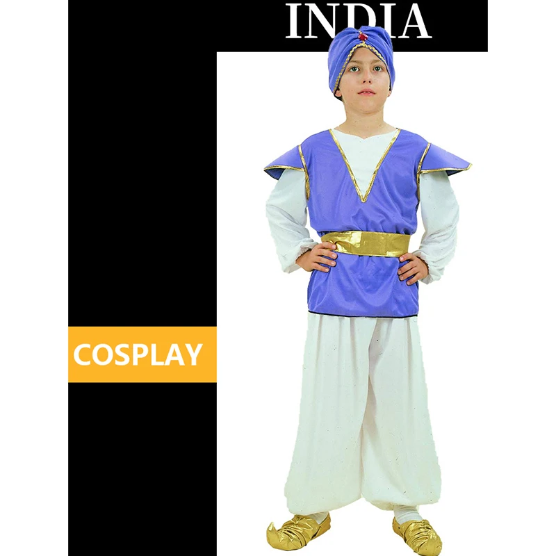 Cosplay Indian Prince Clothing Boys Halloween Costume for Kids Children'S Day Male Aladdin Costumes Top Pants Hat Makeup Party