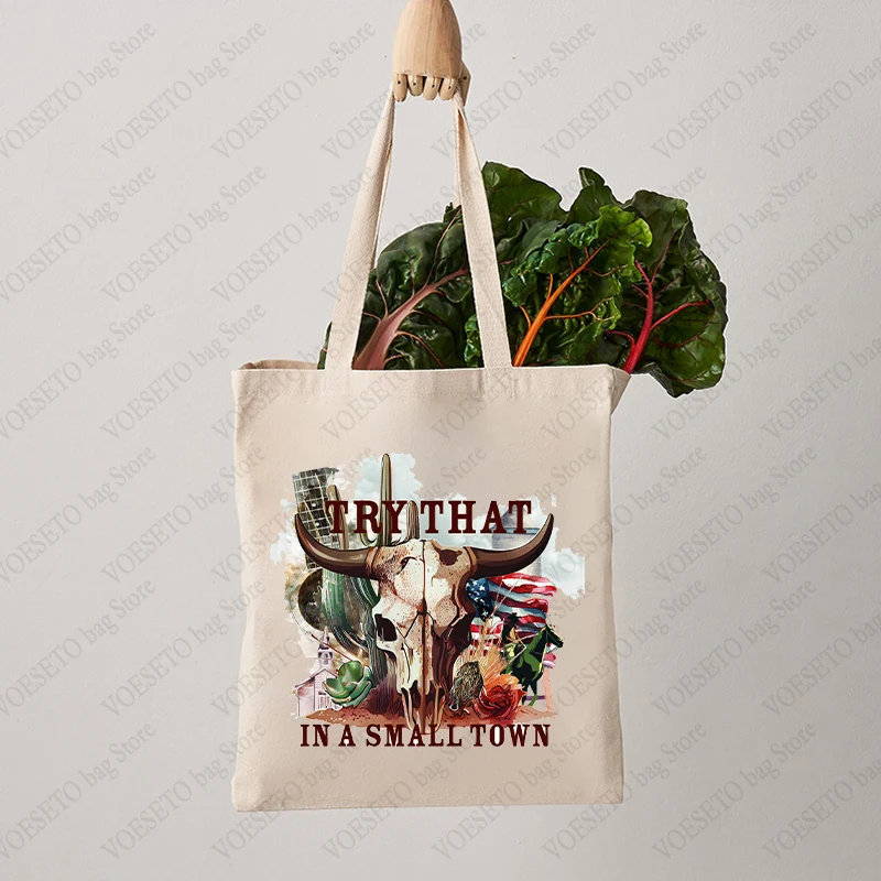 Try That in A Small Town Pattern Canvas Shopping Bag Portable Shoulder Bag Fashion Country Music Lover Tote Bag for Daily Life