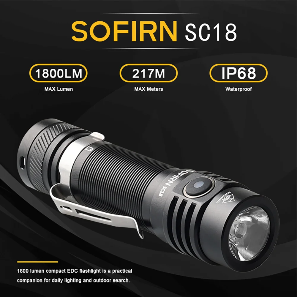 Sofirn SC18 1800lm SST40 LED Green 18650 Torch TIR Optics Lens EDC Flashlight USB C Rechargeable Lantern with Power indicator