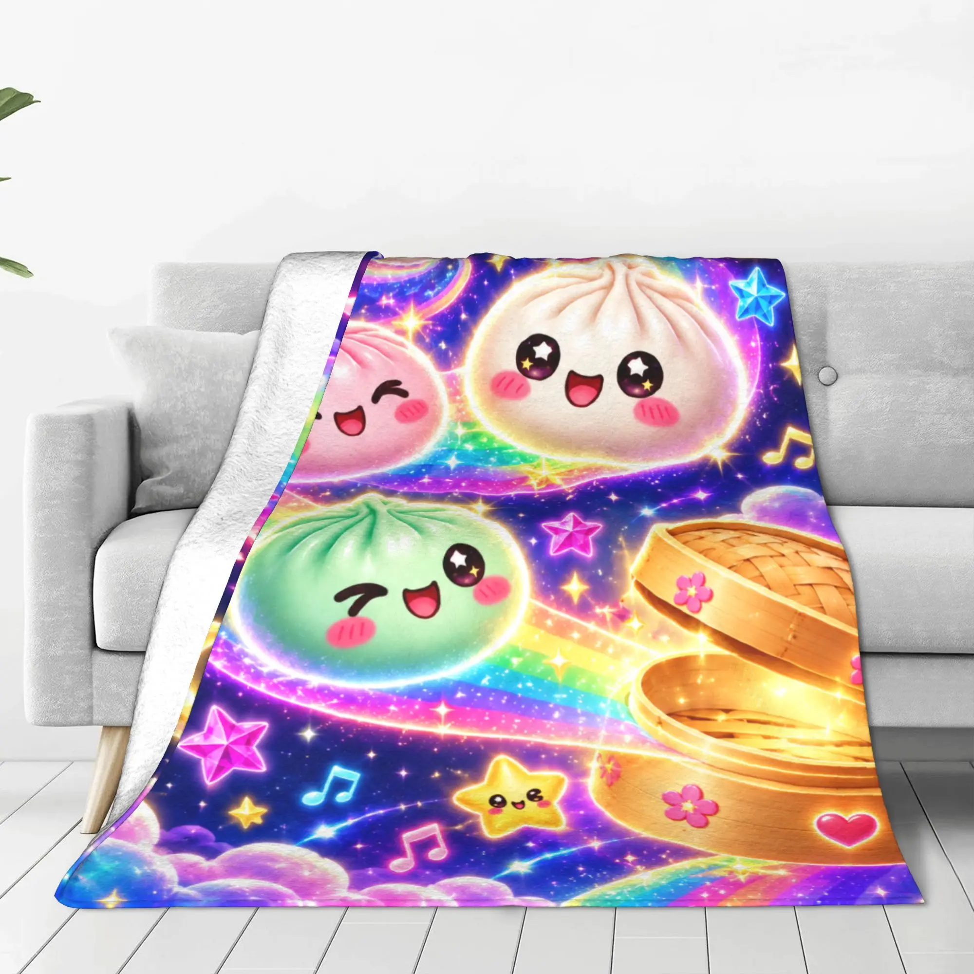 1PC Dumplings Floating Skyward Rainbow Disco Ball Cartoon Print Cozy Fleece Blanket Throw Super Cosy Plush Living Room Sofa