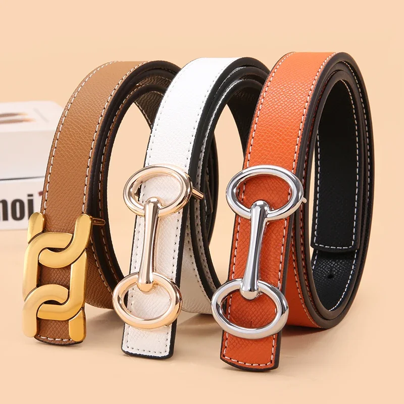 New Luxury Leather Smooth Buckle Women\'s Cowhide Thin Belt 2.5cm Simple and Fashionable Instagram Style Belt