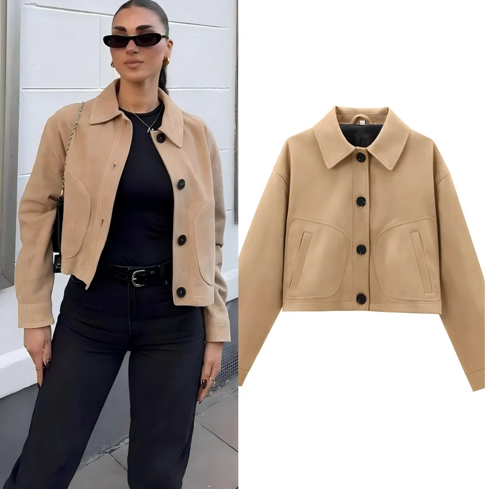 

Women's 2025 new fashion short single breasted lapel suede leather jacket retro long sleeved side pocket women's Coat chic top