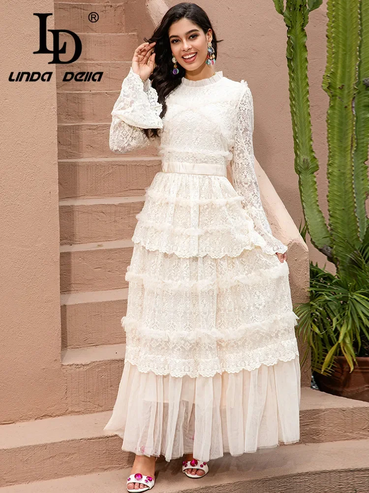 LD LINDA DELLA Autumn/Winter New Women's Dress Flared sleeve Mesh lace patchwork slim Elegant party high-quality Maxi dress
