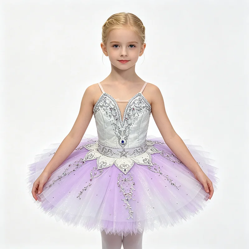 Womens Thin Strap V Neck Ballet Tutu Performance Dress Silver Rhinestone Vine Scroll Embroidery Petal Trim Light Purple Gradient